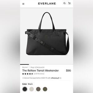 NWT Everlane Renew Transit Weekender Bag in Black